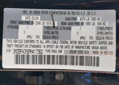 2024 Mazda Mazda3 2.5 S Preferred z USA, uszkodzony, nr VIN 3MZBPACM2RM417362